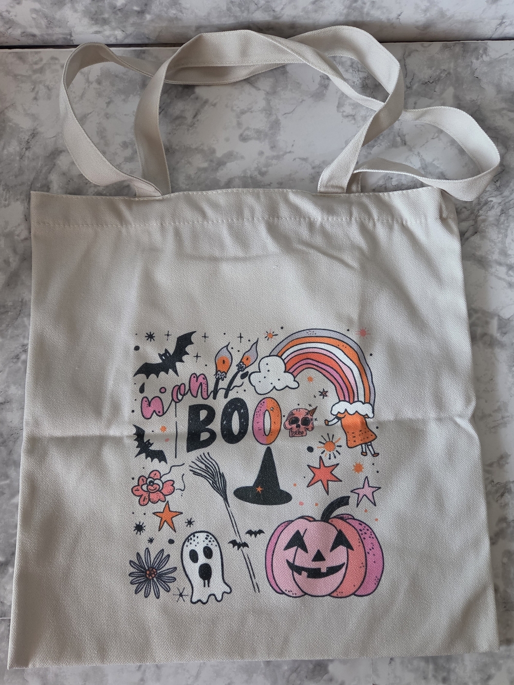 Halloween Graphic Tote Bag - Cream with Pink & Orange Print